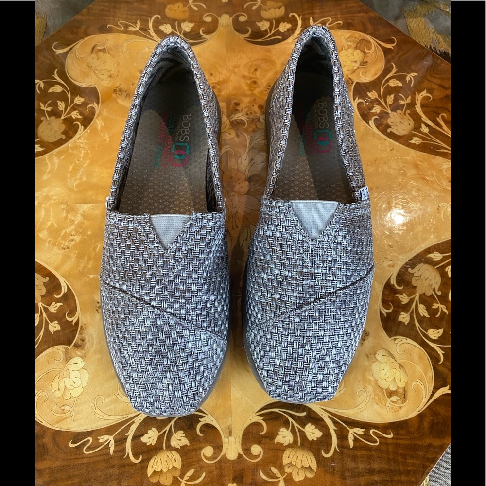 BOBS from Sketchers in a Gray Metallic Weave Slip on